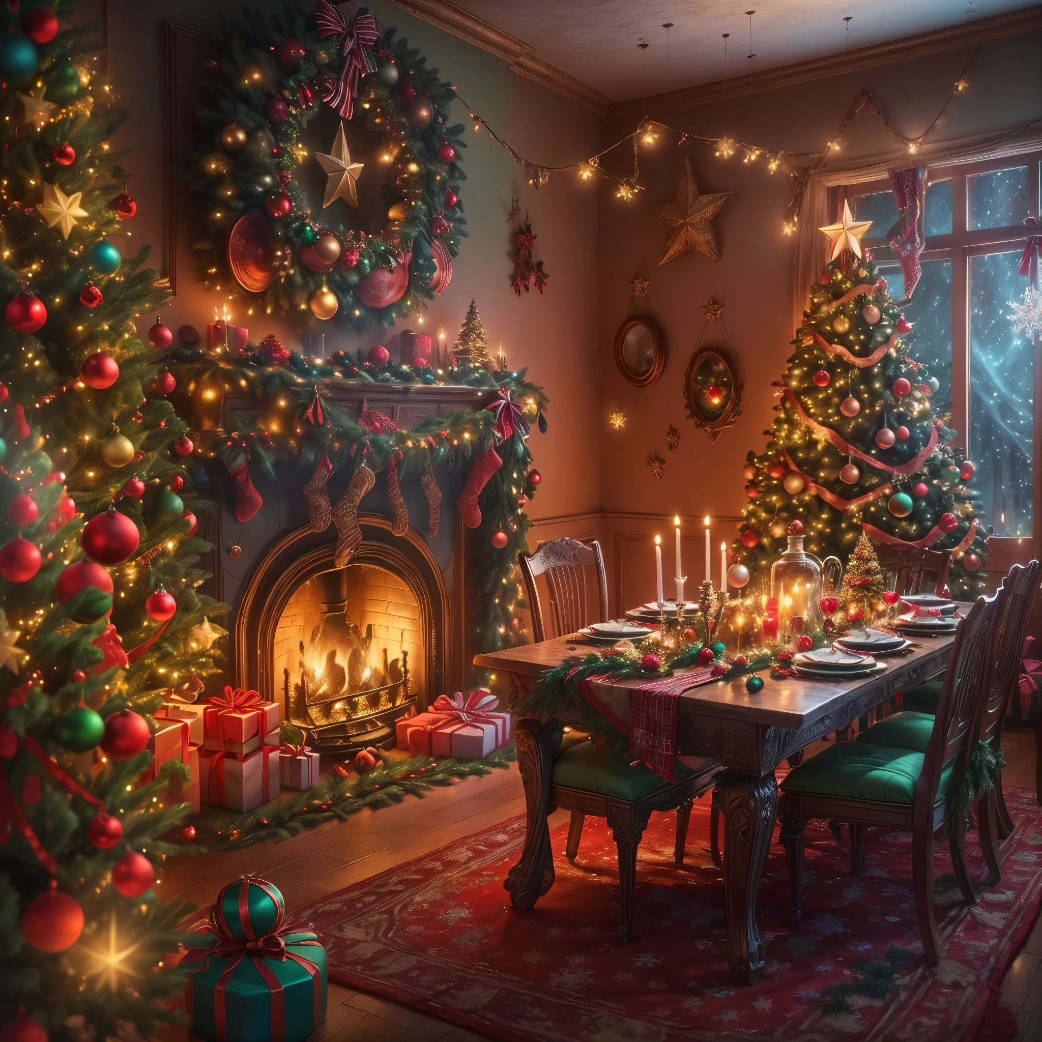 (Masterpiece: 1.2), (Long shot: 1.8), Vibrant colors, magical atmosphere, whimsical, ((starry sky with North Star shining)), (European style interior house, Christmas decorations, fireplace with residual warmth , colored lights hanging on the stairs, gifts wrapped in colorful under the Christmas tree, pile of gifts on the floor, wooden floor, decorated pine tree, parquet floor, mantel, red and green, Christmas atmosphere, traditional Christmas, Festive atmosphere, Merry Christmas, gift tags, Christmas wreaths, decorations, tinsel ribbons, Christmas tree lights, candies, gingerbread men, lights), (The room is decorated in a strong Christmas atmosphere. A string of shining ones hangs on the wall Colored lights, a Christmas wreath and a small snowman are placed on the windowsill, and a beautifully decorated Christmas tree stands in the corner of the room. (On the table, there are exquisite tableware and red plates. In the center of the table, there is a rich Christmas feast , next to a bottle of red wine and two exquisite wine glasses, bringing warmth and comfort to the entire room). (First Person View, Ultra HD, Masterpiece, Accurate, Anatomically Correct, Textured Skin, Super Detailed, High Detailed, High Quality, Award-Winning, Best Quality, 8K), Surreal, Psychedelic, Intricate Details, Textured, Ethereal, Dream-like, Soft Glowing Light, Mesmerizing Patterns, Fantasy Creatures, Hidden surprises, dreamlike landscapes, surreal color palette, mystical aura, surreal, enchanting journey, psychedelic trip, vivid imagination, immersive experience, mysterious creatures, otherworldly charm, glowing path, illuminated Magical Christmas, surreal sky, whimsical Christmas-themed room, a magical encounter, enchanting artwork, (super high saturation, vivid and bright: 1.8)
