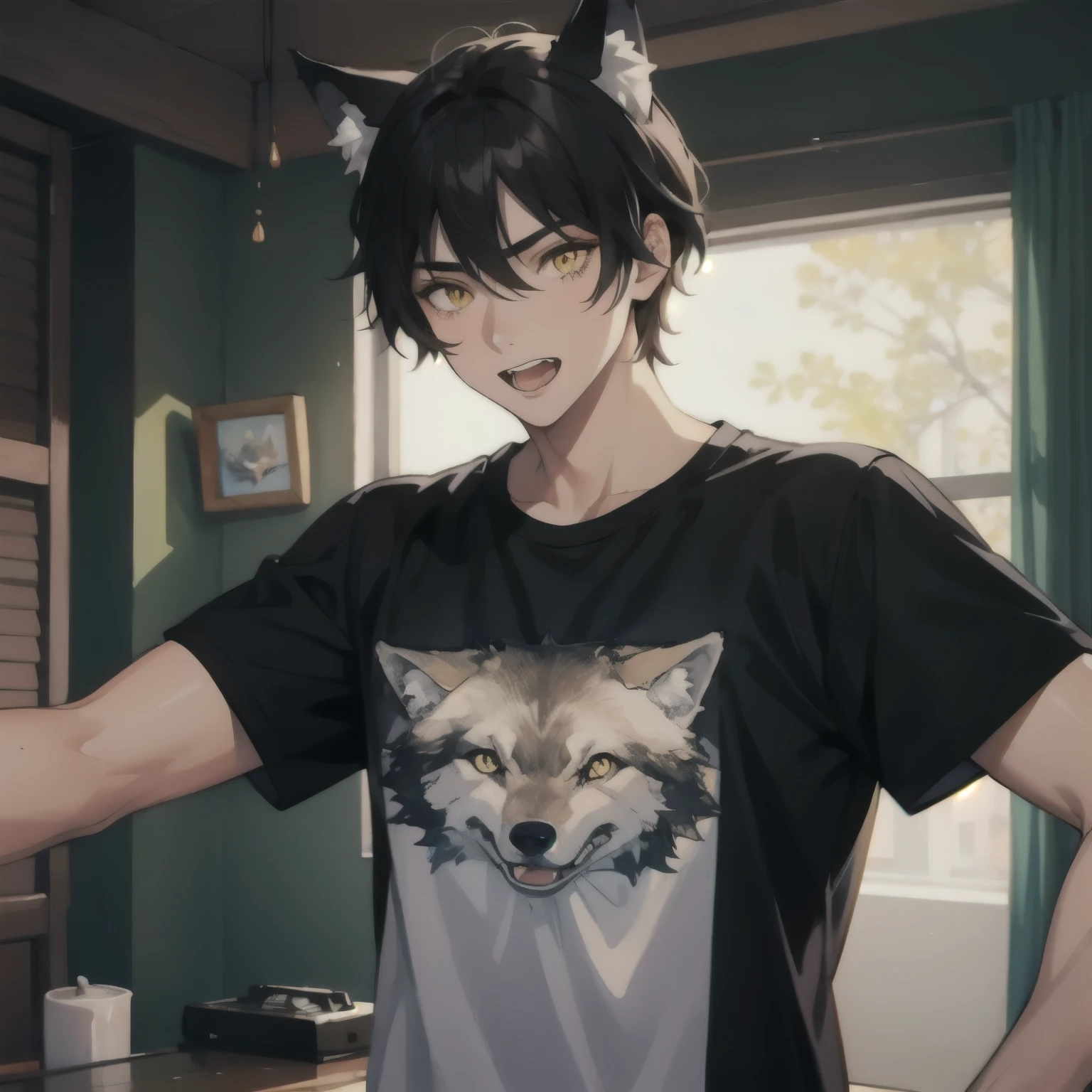 A boy with black hair and yellow eyes with wolf ears and wolf teeth male wearing t-shirt.