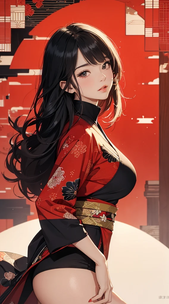 ((8k wallpaper of extremely detailed CG unit, masterpiece, hight resolution, top-quality, top-qualityのリアルテクスチャスキン)), (very beautiful and attractive woman, The upper part of the body, Landscape composition, Pose like a model with your hands in your pockets:1.5, Wear a Japanese-patterned haori over a turtleneck:1.2, Japanese pattern micro mini shorts:1.2), (messy black hair, Plump lips, de pele branca, small tit), (((Colorful background with geometric patterns, Japanese pattern background, warm color))), (high-angle:1.1), (hyper realisitic, digitial painting),