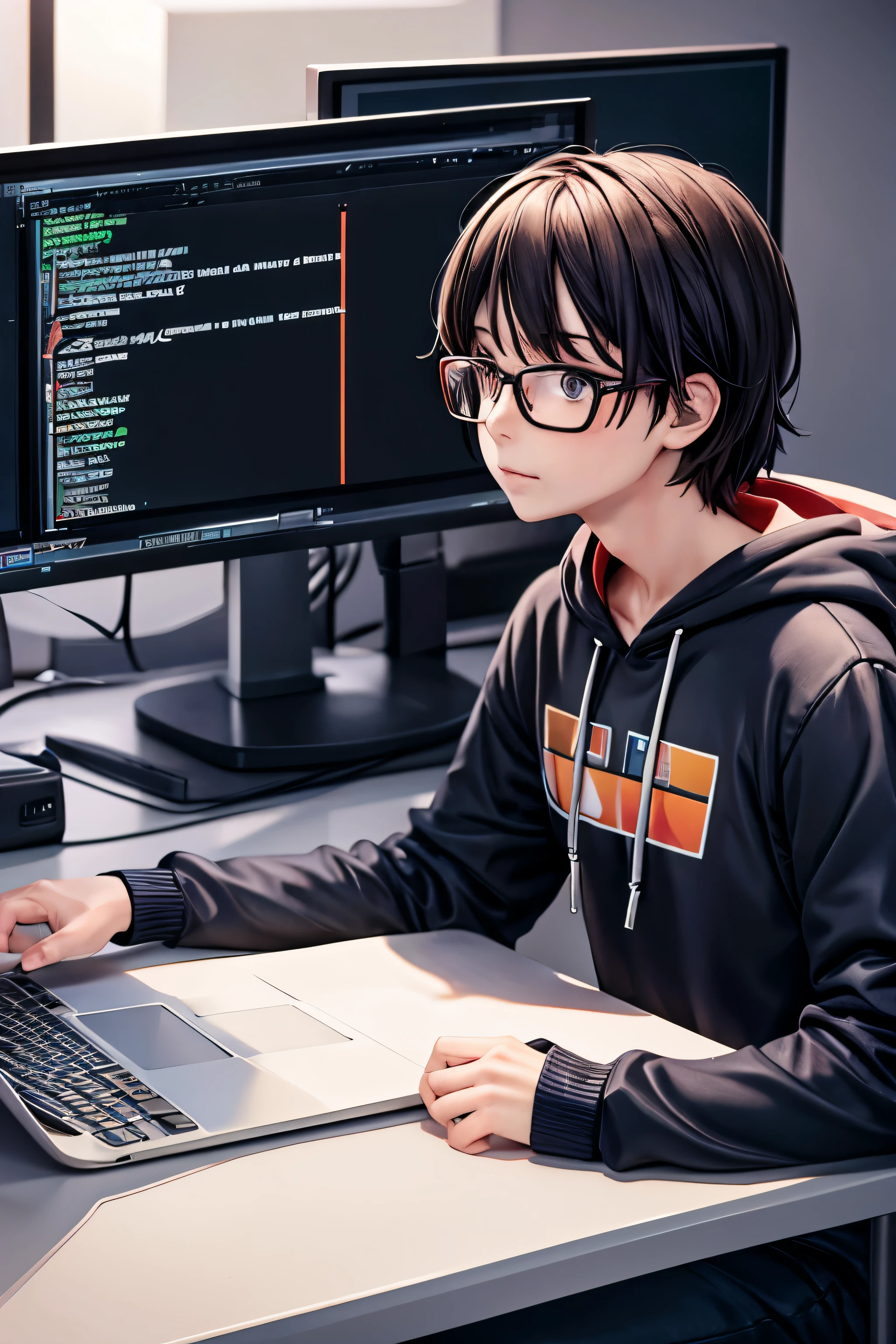 Young Male programmer, coding on a macbook pro with multiple screen setup, rgb, wearing glasses and hoodie