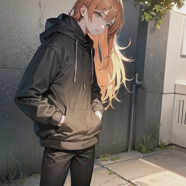 masterpiece, best quality, 1boy, solo, mature male, straight hair, orange hair, green eyes, black hoodie, black pants, undersized clothes, outdoors, hands in pockets