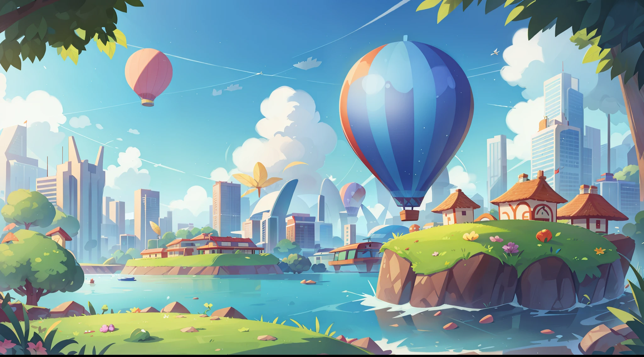 lakeside,stans,a plant,blue-sky,baiyun,High-rise buildings in the distance,The Car,hot air balloon,das boot,Planes