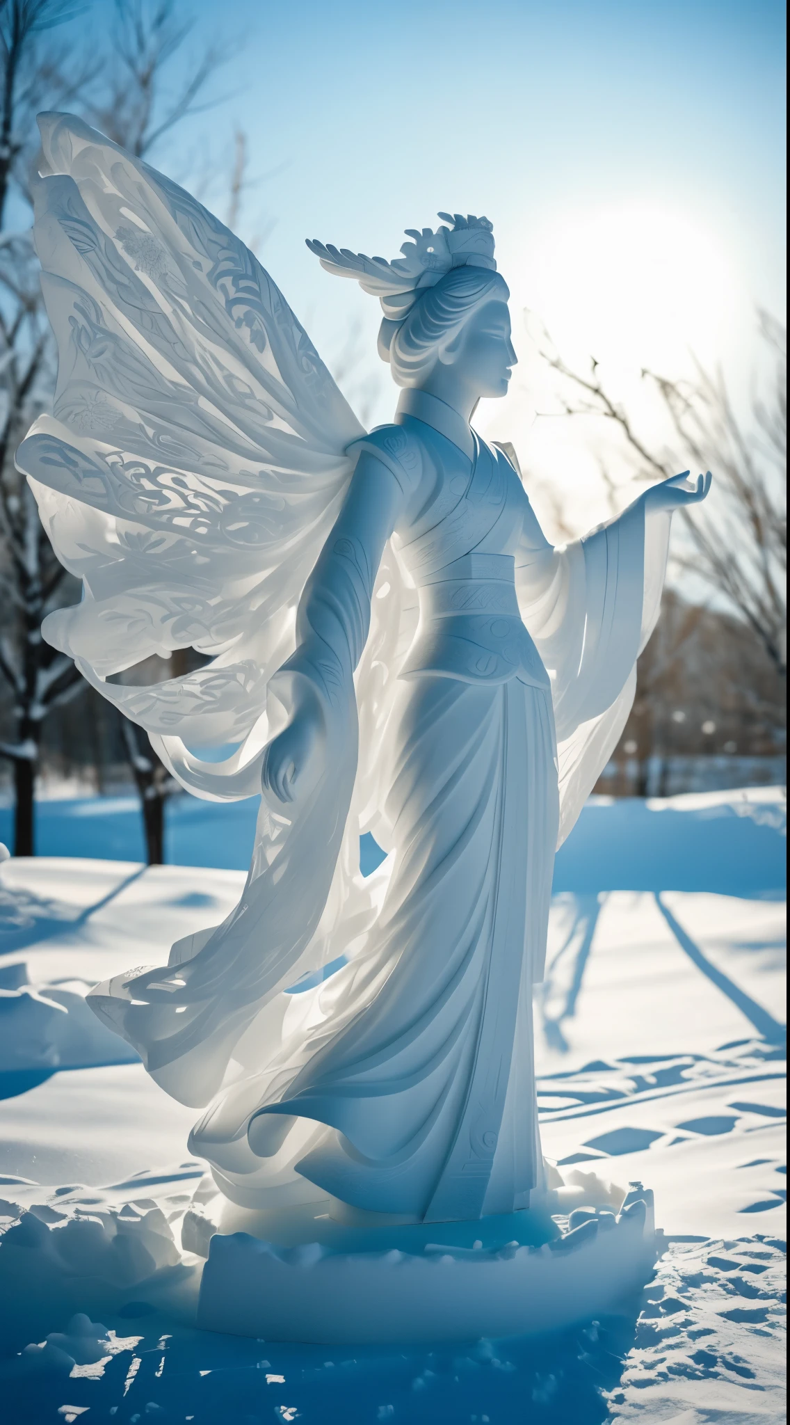 Han Dynasty Beauty Snow Sculpture, Exuding authenticity and craftsmanship. Cold, Smooth texture of snow,Elegant character with eyes and mouth closed,Vivid facial features and graceful figure are vividly displayed., Evoking a sense of tranquility and contemplation. Three-dimensional design shows luxurious Hanfu, Includes a Hanfu with flowing sleeves and intricate embroidery,Art that reflects that era. Soft lighting highlights the cold tones of the snow, Create a monochromatic palette that highlights traditional Chinese style. The exquisite facial features and exquisite clothing details showcase the artist's talent'Sculptural beauty'Master the essence of the Han Dynasty。. Jade accessories add a touch of elegance and sophistication to the overall design. He Fan shot with Leica M6 and 50mm lens, This photo captures the stunning fusion of art, Historically, A winter wonderland in this stunning carving. --v 5 --q 2