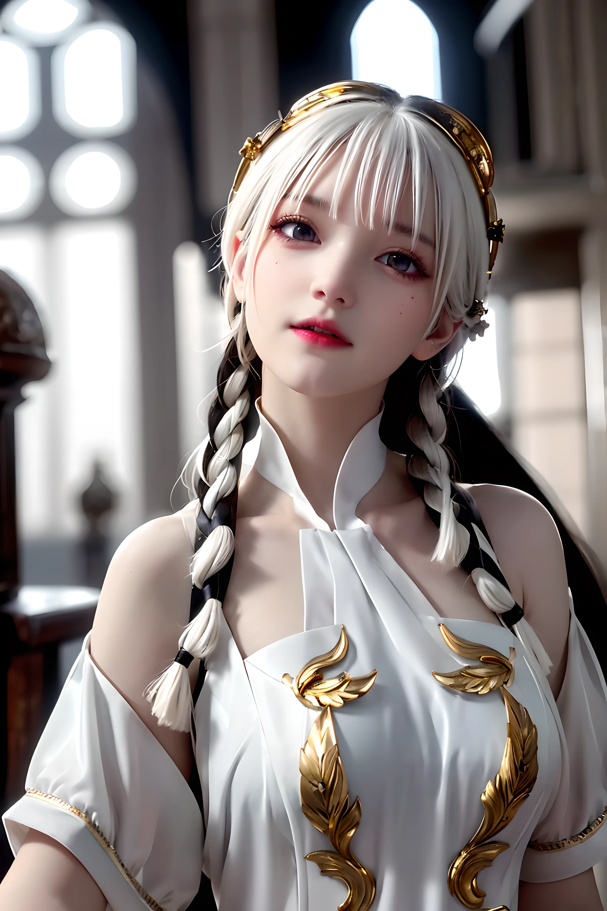 best quality, masterpiece,white hair, gold eyes,white clothes, looking up, upper body,hair strand,Fair skin,side braids