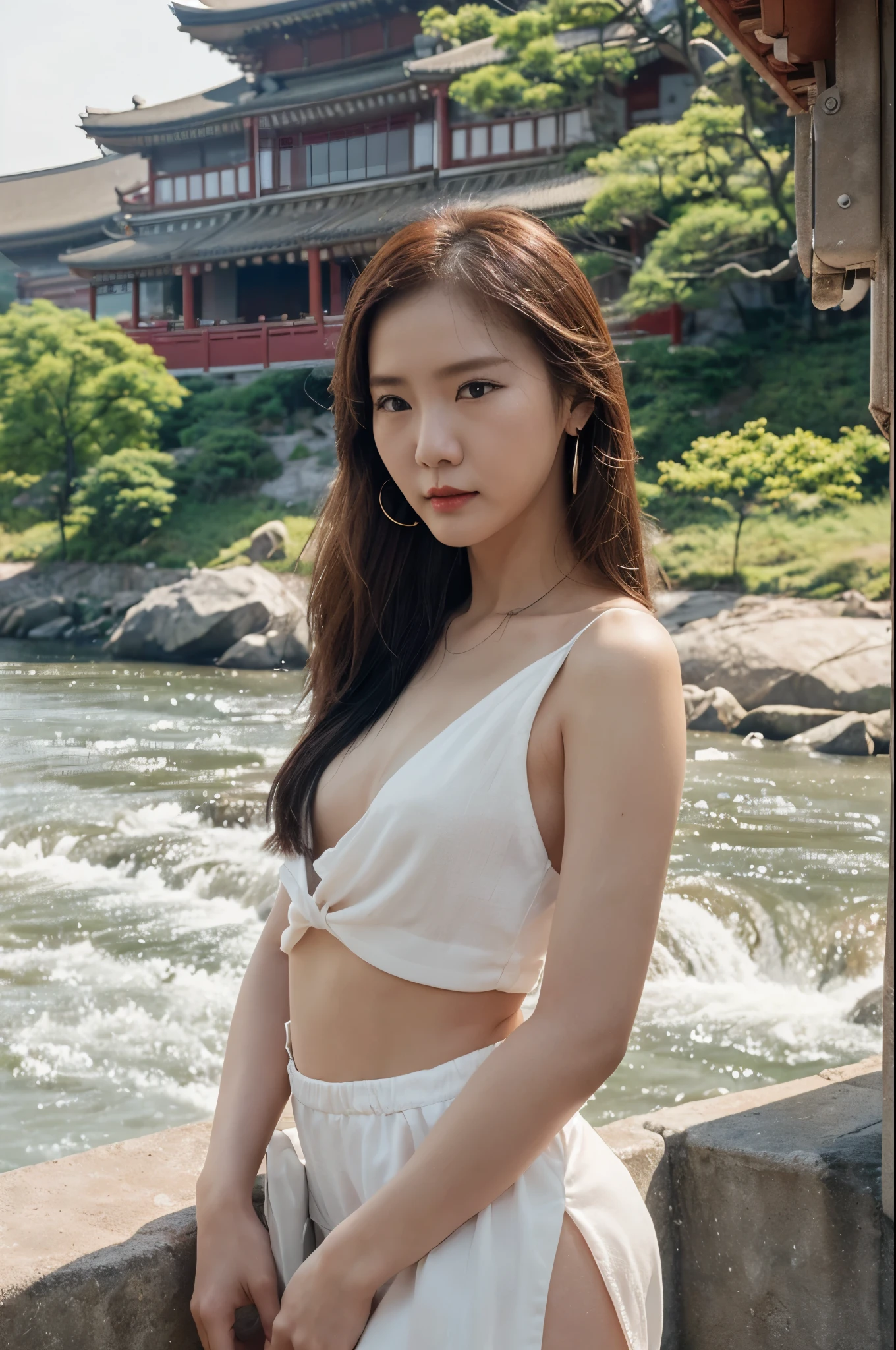 (Best quality: 1.3, tmasterpiece: 1.3), hyper HD, (1 sister, Alone), Atmospheric perspective, Detailed faces, upper part of body, cosmetics, red pink lips, cleft lip, Glowing and radiant skin, (Brown hair), Extra-long hair, look in front of the audience, red eyes, ear nipple ring, small, Slim, (White silk), (((((east asian architecture, River side, beatiful background))), perfect litthing, (Frontlighting), physically-based renderingt,