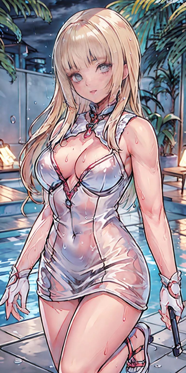 (Best quality, 4k, Masterpiece :1.3), full body standing symmetrical beautiful woman, hyper realistic, 1girl, (drooping breasts, attractive body :1.2), sit-ups :1.1, short red hair: 1.1, (wet rainy, wet by rain, wet body :1.2), ultra-detailed face, detailed lips, detailed eyes, double eyelid, low-necked dress, open neckline, hanging breasts, side pose, visible curves, pool party, poolside, red transparent robe, red sunglasses, muscular turned arms behind body