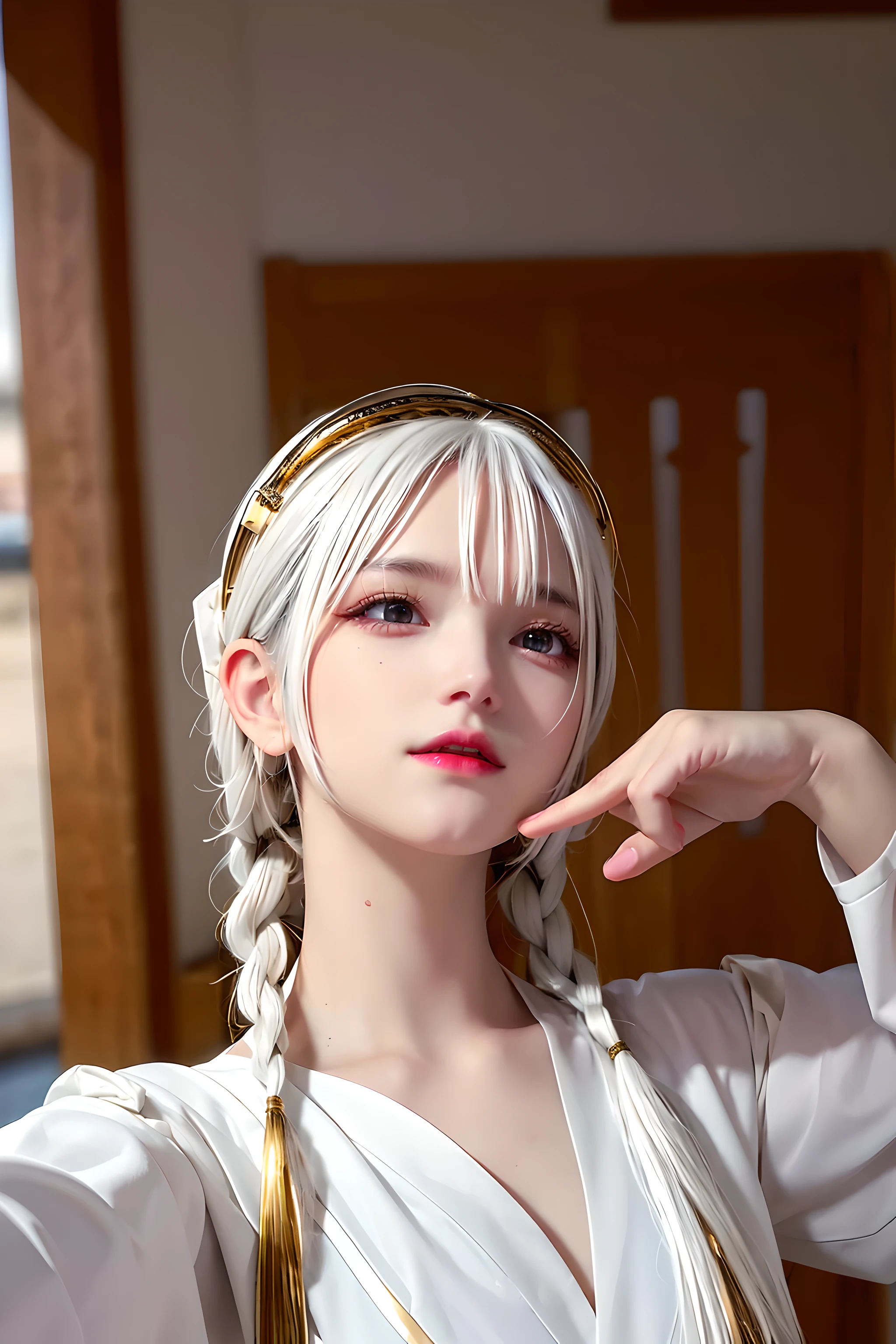 best quality, masterpiece,white hair, gold eyes,white clothes, looking up, upper body,hair strand,Fair skin,side braids