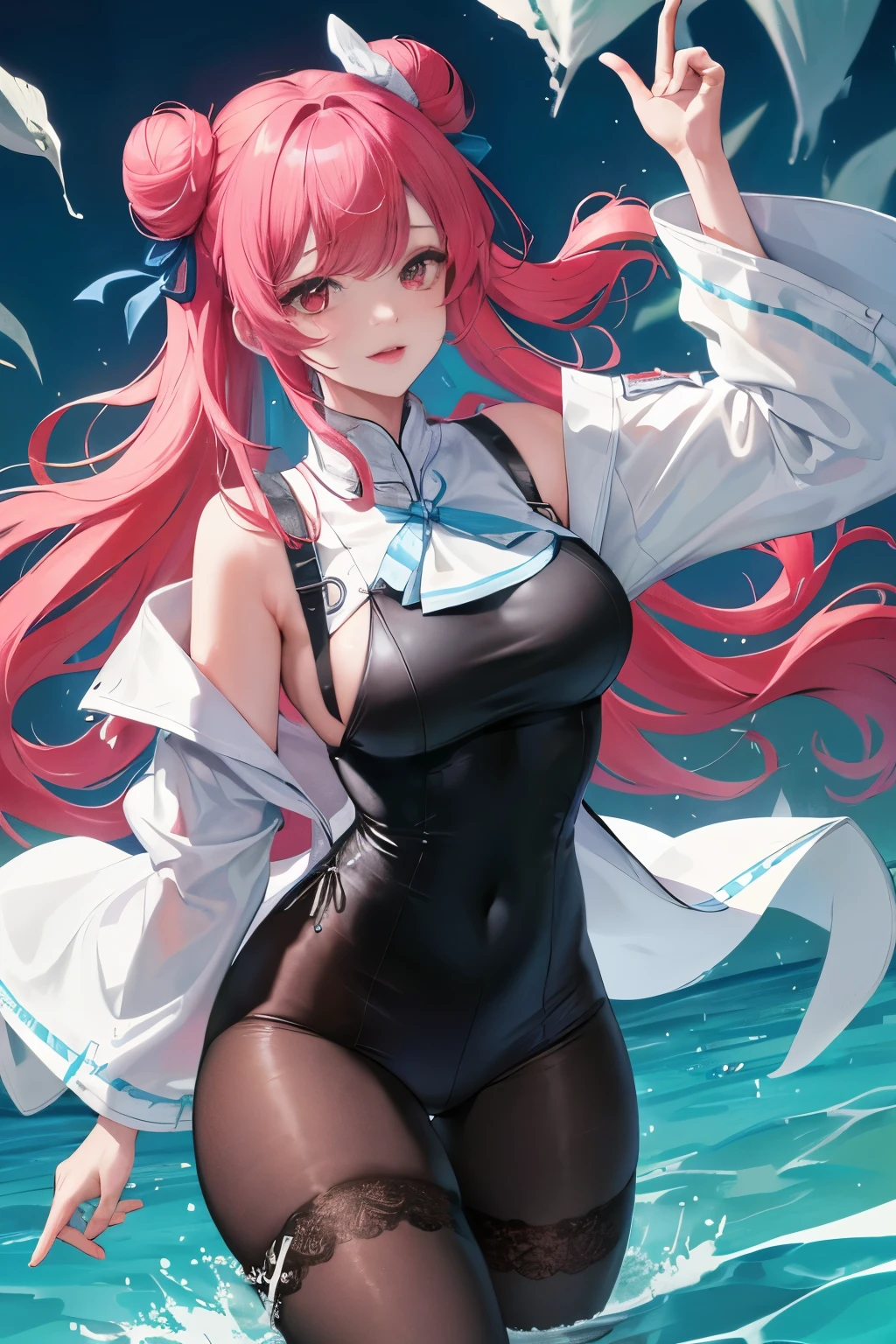 tmasterpiece、Need、1female、Blue cheongsam,Ancient style China、 White cloth bun bun bun、Shoulder leakage、The chest is large、chubbiness、ssmile、Black suspender tights、lace leggings、pale pink lip、hot springs,Pose in the water,(drenched all over the body),legs are open, 独奏, White polo shirt, looking at viewert, A high resolution,(Thigh thick:1.0),,ultra - detailed,tmasterpiece,Best quality at best,Yazawa Nico,red eyes, face flushed,Blunt hair,both hands on hip,greet,Flower headdreslack suspender tights,dance