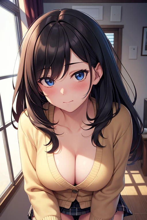 ((masterpiece, best quality, highres, UHD, perfect pixel, depth of field, 4k, RTX, HDR)), 1girl, single, solo, beautiful anime girl, official art, beautiful artstyle, anime character, ((long hair, parted bangs, black hair)), (rounded eyes, beautiful eyelashes, realistic eyes), (detailed face, blushing:1.2), (smooth texture:0.75, realistic texture:0.65, photorealistic:1.1, anime CG style), medium breasts, cleavage:0.9, pov, looking to viewer, perfect body, (pov, close up), (white sweater, cardigan), ((black skirt:1.5, plaid skirt stocking, panties)), embrassed, indoor, bedroom, room window