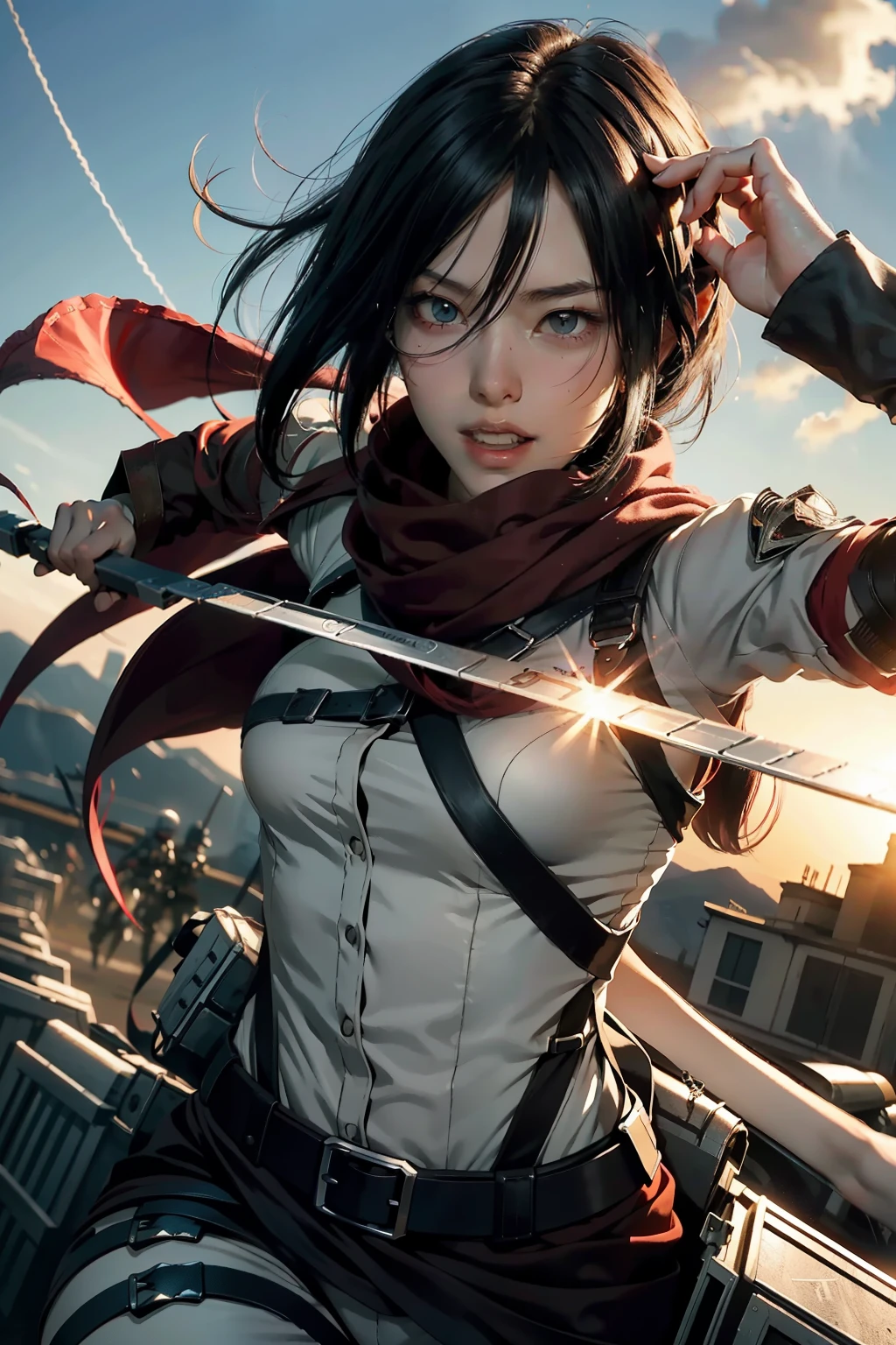 mikasa ackerman, Female action anime girl, badass posture, big smile, happy face, attack on titans, Female protagonist 👀 :8, rogue anime girl, anime figure, (Attack on Titan anime), trigger anime artstyle，1girl， dynamic angle， splashart, Complete shot of the charming Amish male silk weaver， CEL shadows， velvet， ribbons， offcial art， Unity 8k壁紙， ultra - detailed， aesthetics， tmasterpiece， best qualtiy， Photorealistic