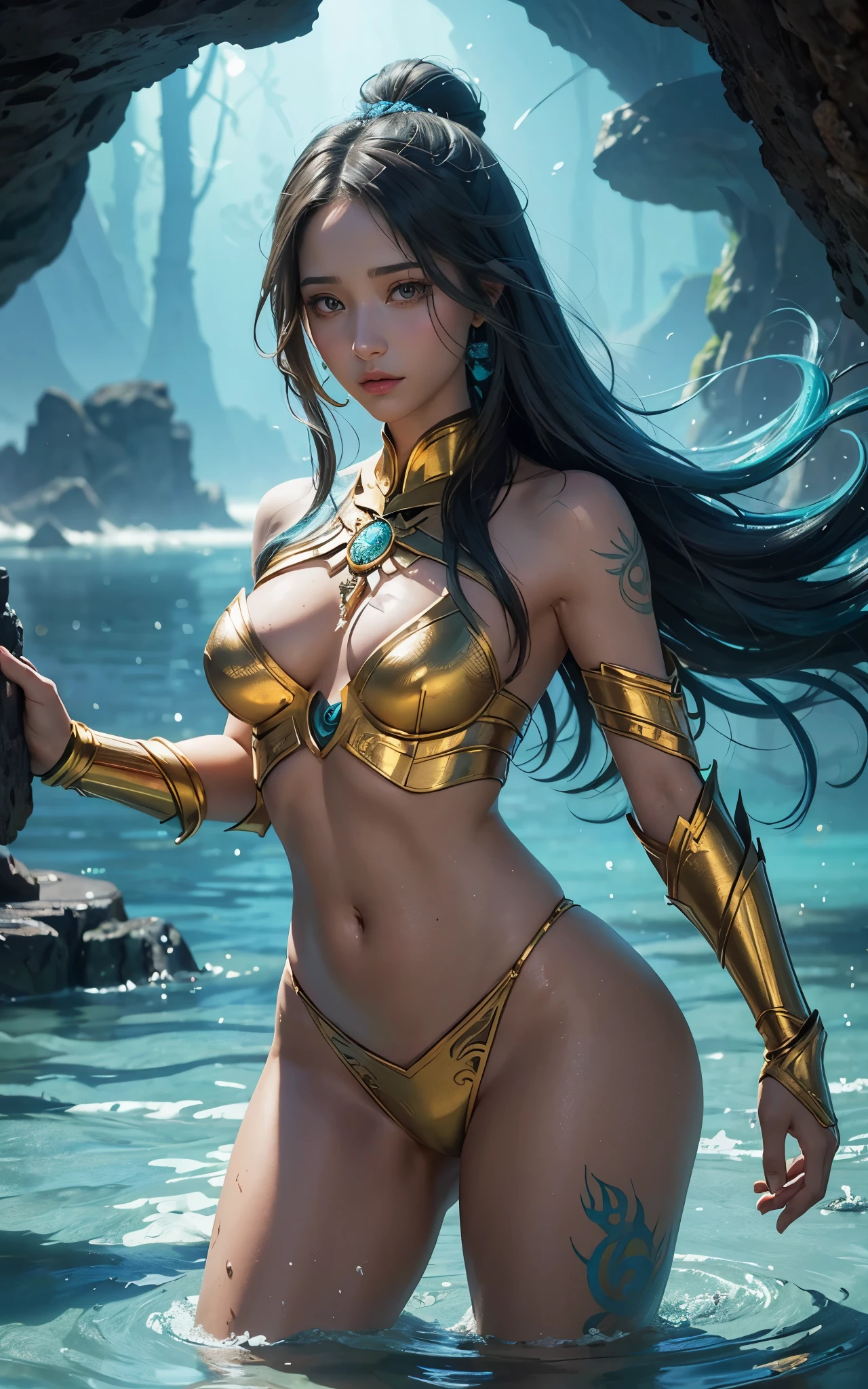 (Emily Rudd:Alicia Vikander) A close up of an supernaturally beautiful and enchanting Atlantean Barbarian War Goddess with a legendary magical spear and angrily shouting in fury. She is skinny dipping in shallow waves in a dark underground sea cave lit only with oceanic bioluminescence that washes over her perfect, irresistible body. Glowing magical golden minimalistic anime-style female battle armor. Her tan skin shimmers with scales. She is athletic, slender, fit, toned, lean, and very muscular with a thin waist and slim hips. She has deeply tanned skin and flowing, lustrous hair. Her large, vibrant, glowing turquoise Asian eyes lock intensely onto the viewer with a predatory, otherworldly allure. She has intricate aquatic-inspired tattoos across her body. Her face has painted designs. Swirling deep shadows.