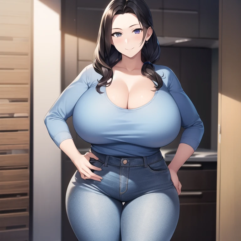 masterpiece, best quality, (realistic), 1girl, solo, mature female, milf, motherly, forehead, older, 25yo, huge breasts, narrow waist, wide hips, curvy, wide hips, straight hair, long hair, high ponytail, dark hair, dark eyes, black t-shirt, cleavage, short sleeves, jeans, denim, standing, hands on hips, looking at viewer, smile, kitchen