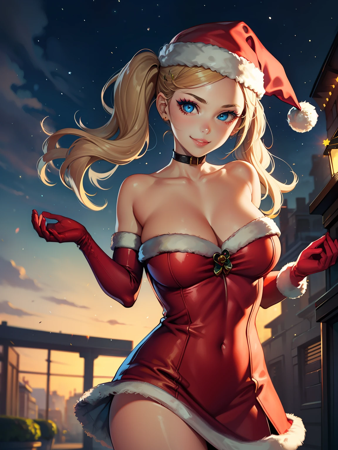 1girl, solo, masterpiece, best quality, high res, highly detailed, (illustration), beautiful detailed eyes, AnnTak, blue eyes ,glossy lips, makeup, smile, long white elbow gloves, cowboy shot, (santa), red santa dress, santa hat, strapless dress, white elbow gloves