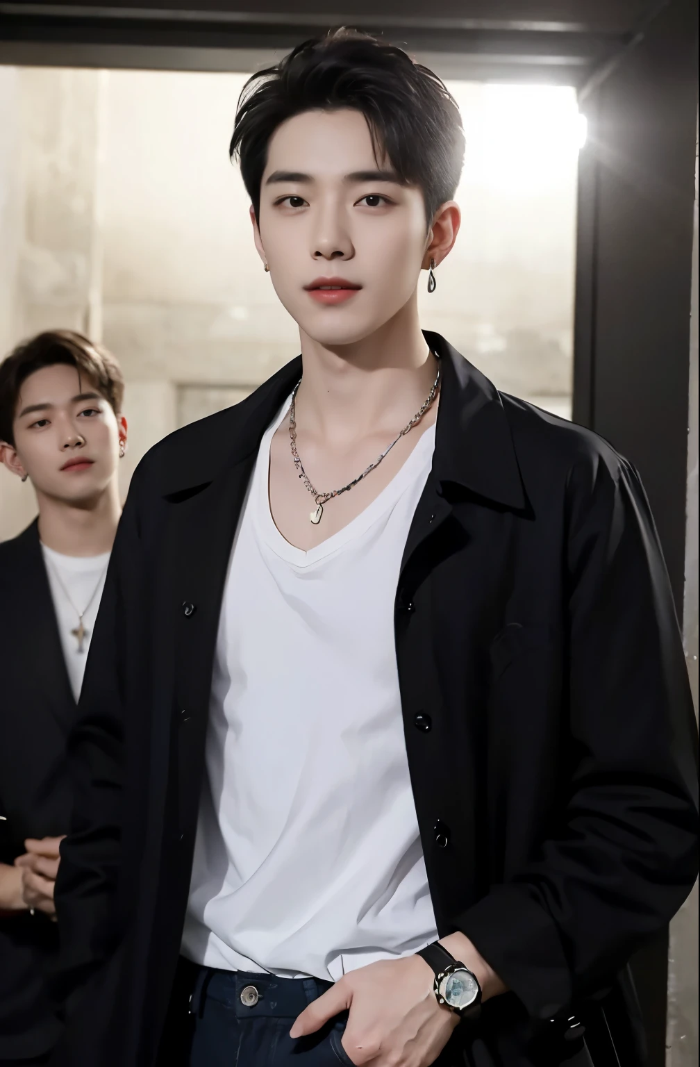 ((Best Quality, 8K, masterpiece: 1.3))、Cool Korean man, １20 year old man、Korean style long hair、Sturdy face、Handsome nose、Detailed eyes and face、Beautiful lighting、(studio)、High Resolution、 （visible to the audience）、mouth details、Thin Mouth、,Sorrisos、whole body: 1.5, perfect body figure: 1.picture of both shoulders:1.3, Wearing a White T-shirt and a casual Black coat:1.5, Accessories : (men's earrings, necklaces, men's rings, men's watches)