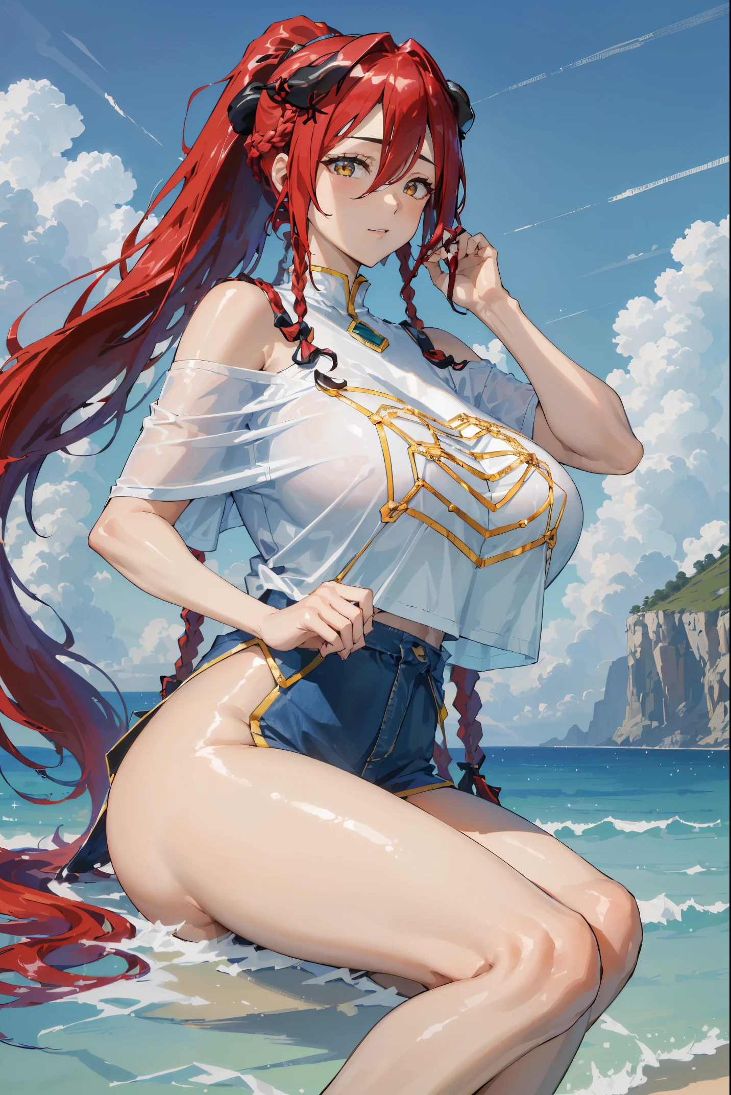 hoang lap, 8K, A high resolution, ultra - detailed, The beautiful, tmasterpiece, Best quality at best, very beautiful women, Jung, redheadwear, sexy for, (Very huge: 1.6), (braidedponytail: 1.5) Detailed woman's face, Very charming, Check miniskirt , Off-the-shoulder T-shirt, ,