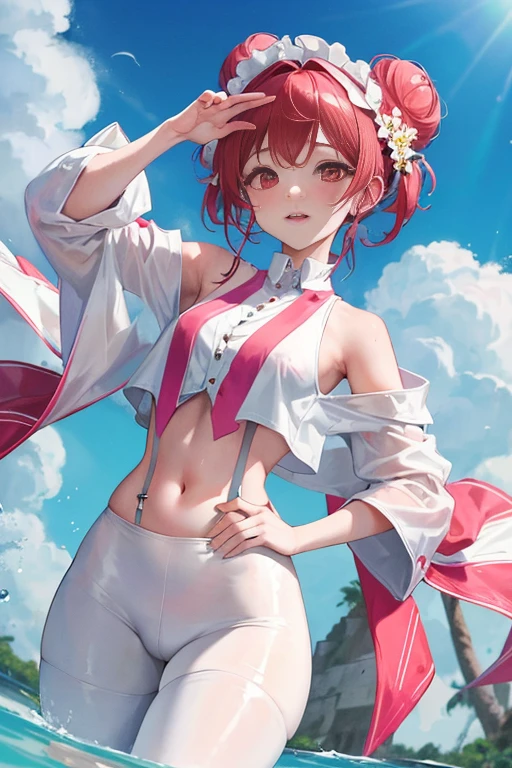 tmasterpiece、Need、1female、White cloth bun bun bun、Shoulder leakage、The chest is large、chubbiness、ssmile、White suspender tights、lace leggings、pale pink lip、hot springs,Pose in the water,(drenched all over the body),legs are open, 独奏, White polo shirt, looking at viewert, A high resolution,(Thigh thick:1.0),,ultra - detailed,tmasterpiece,Best quality at best,Yazawa Nico,red eyes, face flushed,Blunt hair,both hands on hip,greet,Flower headdress,dance
