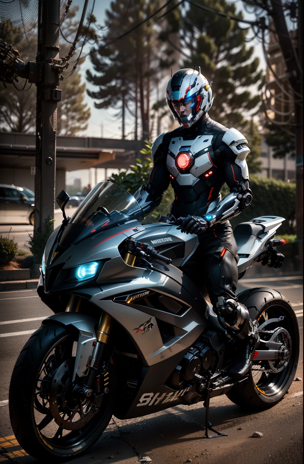 Handsome full body black mecha white short hair cyber handsome warrior, black cyber mechanical motorcycle, high-tech black full surround helmet, white short hair, Nousr, biomechanics, MSHN robot man, high-tech helmet, surreal, steel, complex design, crazy details, fine details, extremely clear lines, cinematic lighting, photo realism, detailed masterpiece
