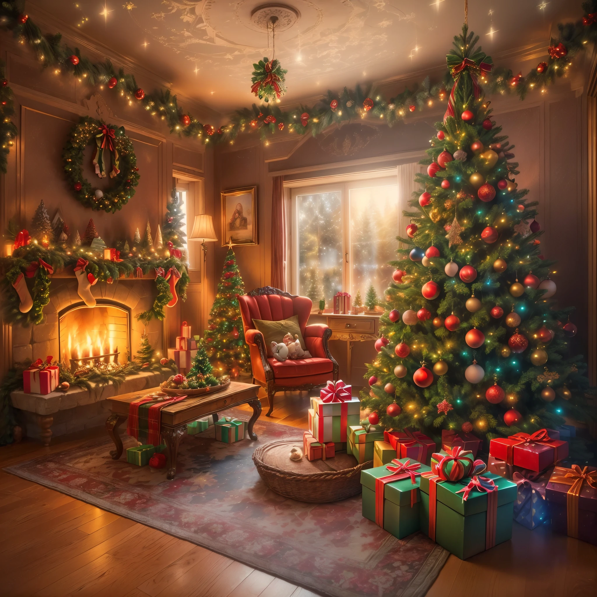 (Masterpiece: 1.2), (Long shot: 1.8), Vibrant colors, magical atmosphere, whimsical, ((starry sky with North Star shining)), (European style interior house, Christmas decorations, fireplace with residual warmth , colored lights hanging on the stairs, gifts wrapped in colorful  under the Christmas tree, pile of gifts on the floor, wooden floor, decorated pine tree, parquet floor, mantel, red and green, Christmas atmosphere, traditional Christmas, Festive atmosphere, Merry Christmas, gift tags, Christmas wreaths, decorations, tinsel ribbons, Christmas tree lights, candies, gingerbread men, lights), (The room is decorated in a strong Christmas atmosphere. A string of shining ones hangs on the wall Colored lights, a Christmas wreath and a small snowman are placed on the windowsill, and a beautifully decorated Christmas tree stands in the corner of the room. (On the table, there are exquisite tableware and red plates. In the center of the table, there is a rich Christmas feast , next to a bottle of red wine and two exquisite wine glasses, bringing warmth and comfort to the entire room). (First Person View, Ultra HD, Masterpiece, Accurate, Anatomically Correct, Textured Skin, Super Detailed, High Detailed, High Quality, Award-Winning, Best Quality, 8K), Surreal, Psychedelic, Intricate Details, Textured, Ethereal, Dream-like, Soft Glowing Light, Mesmerizing Patterns, Fantasy Creatures, Hidden surprises, dreamlike landscapes, surreal color palette, mystical aura, surreal, enchanting journey, psychedelic trip, vivid imagination, immersive experience, mysterious creatures, otherworldly charm, glowing path, illuminated Magical Christmas, surreal sky, whimsical Christmas-themed room, a magical encounter, enchanting artwork, (super high saturation, vivid and bright: 1.8)