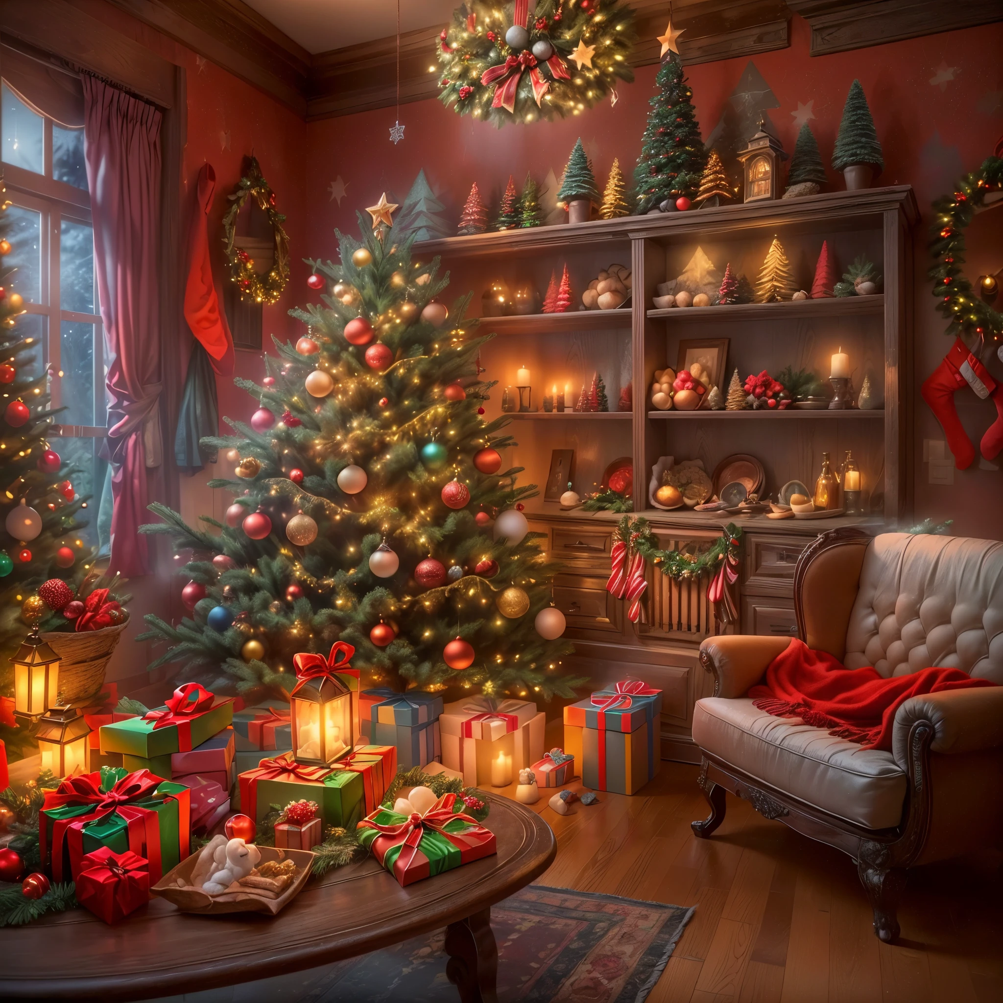 (Masterpiece: 1.2), (Long shot: 1.8), Vibrant colors, magical atmosphere, whimsical, ((starry sky with North Star shining)), (European style interior house, Christmas decorations, fireplace with residual warmth , colored lights hanging on the stairs, gifts wrapped in colorful under the Christmas tree, pile of gifts on the floor, wooden floor, decorated pine tree, parquet floor, mantel, red and green, Christmas atmosphere, traditional Christmas, Festive atmosphere, Merry Christmas, gift tags, Christmas wreaths, decorations, tinsel ribbons, Christmas tree lights, candies, gingerbread men, lights), (The room is decorated in a strong Christmas atmosphere. A string of shining ones hangs on the wall Colored lights, a Christmas wreath and a small snowman are placed on the windowsill, and a beautifully decorated Christmas tree stands in the corner of the room. (On the table, there are exquisite tableware and red plates. In the center of the table, there is a rich Christmas feast , next to a bottle of red wine and two exquisite wine glasses, bringing warmth and comfort to the entire room). (First Person View, Ultra HD, Masterpiece, Accurate, Anatomically Correct, Textured Skin, Super Detailed, High Detailed, High Quality, Award-Winning, Best Quality, 8K), Surreal, Psychedelic, Intricate Details, Textured, Ethereal, Dream-like, Soft Glowing Light, Mesmerizing Patterns, Fantasy Creatures, Hidden surprises, dreamlike landscapes, surreal color palette, mystical aura, surreal, enchanting journey, psychedelic trip, vivid imagination, immersive experience, mysterious creatures, otherworldly charm, glowing path, illuminated Magical Christmas, surreal sky, whimsical Christmas-themed room, a magical encounter, enchanting artwork, (super high saturation, vivid and bright: 1.8)