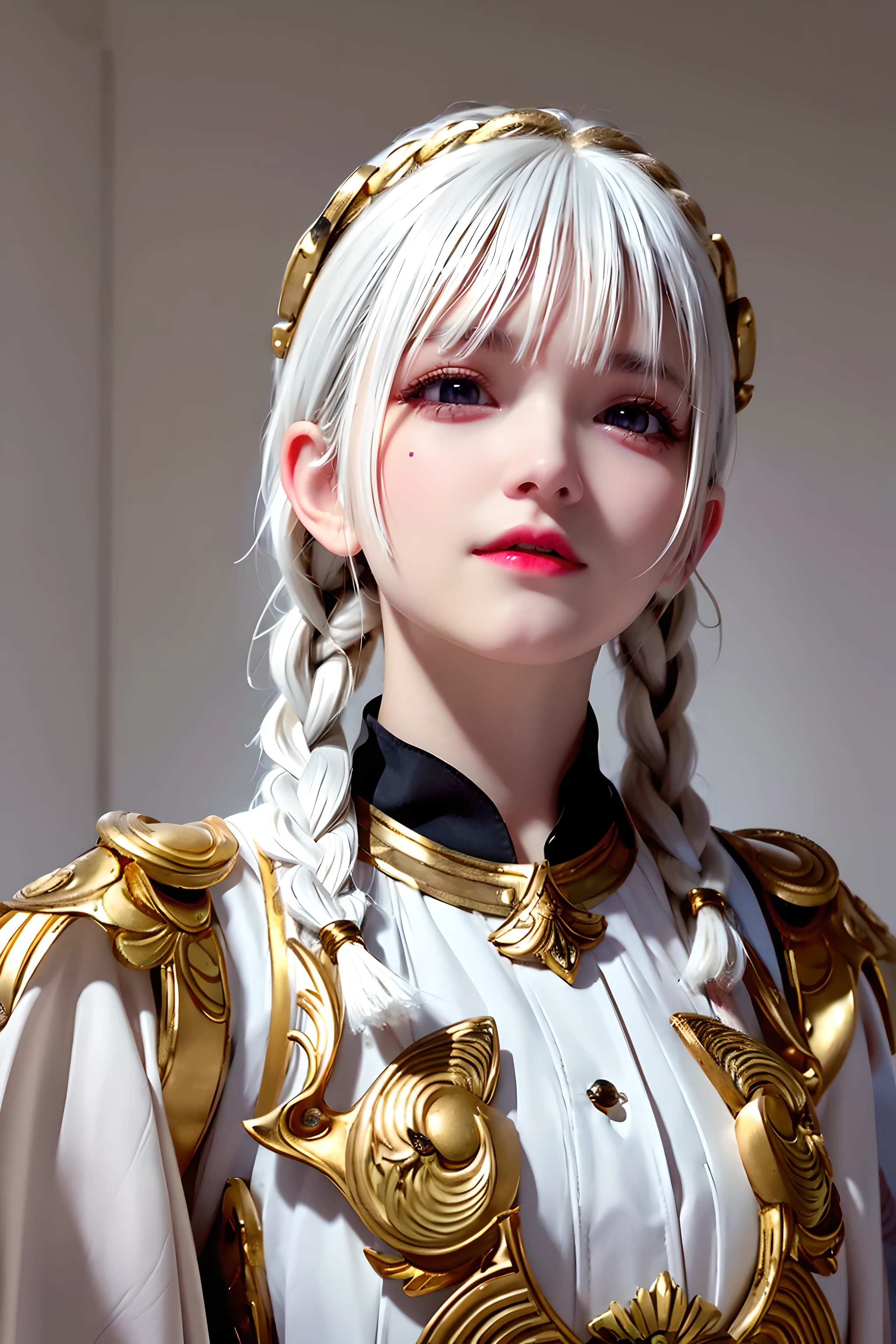 best quality, masterpiece,white hair, gold eyes,white clothes, looking up, upper body,hair strand,Fair skin,side braids