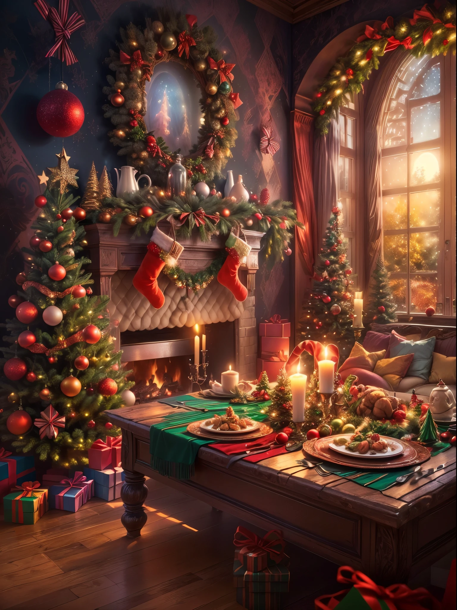 (Masterpiece: 1.2), (Long shot: 1.8), Vibrant colors, magical atmosphere, whimsical, ((starry sky with North Star shining)), (European style interior house, Christmas decorations, fireplace with residual warmth , colored lights hanging on the stairs, gifts wrapped in colorful  under the Christmas tree, pile of gifts on the floor, wooden floor, decorated pine tree, parquet floor, mantel, red and green, Christmas atmosphere, traditional Christmas, Festive atmosphere, Merry Christmas, gift tags, Christmas wreaths, decorations, tinsel ribbons, Christmas tree lights, candies, gingerbread men, lights), (The room is decorated in a strong Christmas atmosphere. A string of shining ones hangs on the wall Colored lights, a Christmas wreath and a small snowman are placed on the windowsill, and a beautifully decorated Christmas tree stands in the corner of the room. (On the table, there are exquisite tableware and red plates. In the center of the table, there is a rich Christmas feast , next to a bottle of red wine and two exquisite wine glasses, bringing warmth and comfort to the entire room). (First Person View, Ultra HD, Masterpiece, Accurate, Anatomically Correct, Textured Skin, Super Detailed, High Detailed, High Quality, Award-Winning, Best Quality, 8K), Surreal, Psychedelic, Intricate Details, Textured, Ethereal, Dream-like, Soft Glowing Light, Mesmerizing Patterns, Fantasy Creatures, Hidden surprises, dreamlike landscapes, surreal color palette, mystical aura, surreal, enchanting journey, psychedelic trip, vivid imagination, immersive experience, mysterious creatures, otherworldly charm, glowing path, illuminated Magical Christmas, surreal sky, whimsical Christmas-themed room, a magical encounter, enchanting artwork, (super high saturation, vivid and bright: 1.8)