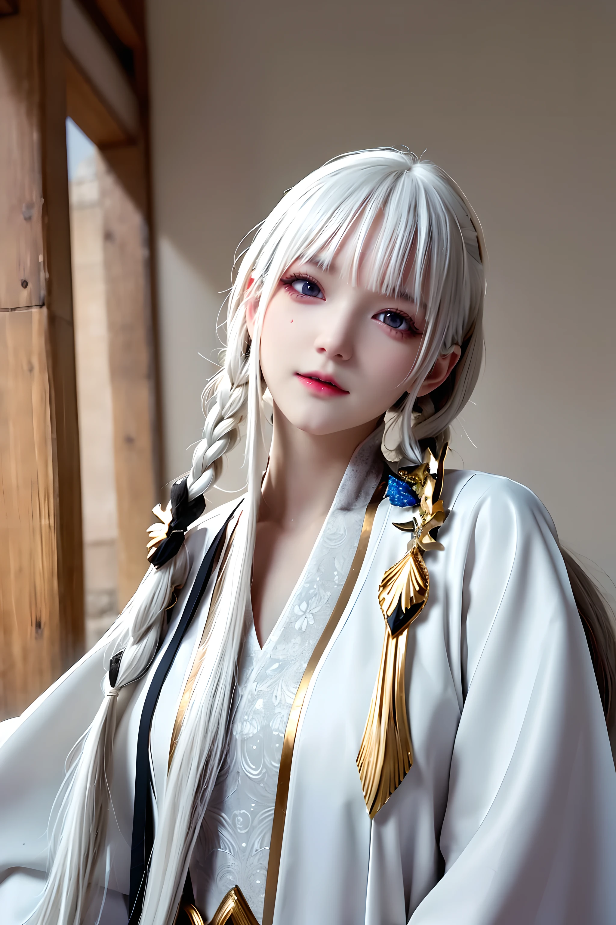 best quality, masterpiece,white hair, gold eyes,white clothes, looking up, upper body,hair strand,Fair skin,side braids