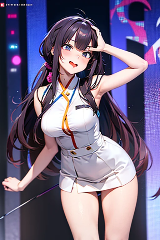 Black woman in brown dress and white shirt, real life anime girl, Anime girl cosplay, Anime Cosplay, As an anime character, Anime Character, cosplayer, a female anime character, full-cosplay, cosplay foto, professional cosplay, Cosplay, Right side, Hair is tied with scrunchies.　Skirt above the knee　Skirt black　ＭCharacter opening leg　Open your crotch wide　Capture the whole body from the screen　I have a smartphone　Duan　Open crotch　Pull up your skirt　Pants hang on the legs　Full view　excited　Open your mouth wide to the maximum　Stick out the tongue　be in agony　Beautiful girl with a large amount of dripping from her tongue, , wide mouth open, tongue hanging out, lots of saliva dripping from tongue, vibrator , lots of cum coming out of vibrator, lots of drops, right hand sliding vibrator in and out between legs, left hand squeezing her, long, straight hair, intoxicated with pleasure only one character no clothes shown no underwear no clothes with shingles on right side, hair tied up embarrassed to put vibrator in and out glamour and breasts size 75 M-shape legs vibrator in between legs big vibe no clothes shown no clothes is not allowed at all No lingerie is allowed No lingerie is allowed as born Clothing is not shown No lingerie is not shown Clothing is not worn No lingerie is not worn Swimsuit is not worn Swimsuit is not allowed