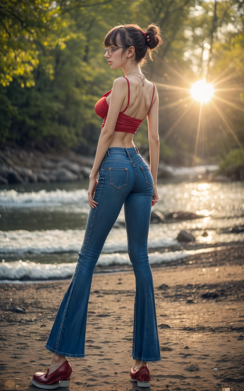 (8K, Masterpiece, RAW photo, Best quality, detail:1.3), (ultra realistic Natural background, scenary:1.5), Depth of field, Cinematic light, (ultra realistic face), (1 picture of 1 solo girl Airim Jones:1.6), 1girl, (Beautiful and elegant Russian girl), (skinny girl with glasses), (European face:1.3), (perfect complete full body:1.6), (full body shot including shoes:1.6), (perfect [frontal view|side profile|back profile]:1.5), (small necklace, collarbone:1.1), ( [bangs|pigtails|bob|pixie] hair:1.5), (ultra detailed skin:1.4), (sexy red minitop:1.5), (soft fabric miniTop:1.5), (Flare Leg Jeans:1.6), (perfect standing pose:1.5), (perfect long legs:1.4)