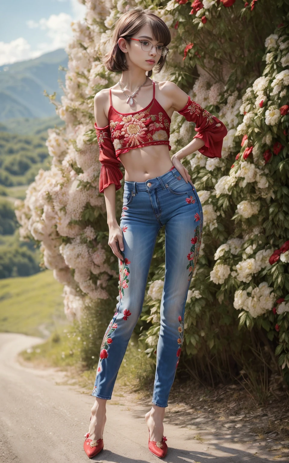 (8K, Masterpiece, RAW photo, Best quality, detail:1.3), (ultra realistic Natural background, scenary:1.5), Depth of field, Cinematic light, (ultra realistic face), (1 picture of 1 solo girl Airim Jones:1.6), 1girl, (Beautiful and elegant Russian girl), (skinny girl with glasses), (European face:1.3), (perfect complete full body:1.6), (full body shot including shoes:1.6), (perfect [frontal view|side profile|back profile]:1.5), (small necklace, collarbone:1.1), ( [bangs|pigtails|bob|pixie] hair:1.5), (ultra detailed skin:1.4), (sexy red minitop:1.5), (soft fabric miniTop:1.5), (Floral Embroidered Jeans:1.6), (perfect standing pose:1.5), (perfect long legs:1.35), (low rise jeans:1.5), (low waisted jeans:1.5), (perfect shoes:1.5), (perfect feet:1.5), (perfect oriented feet:1.4)