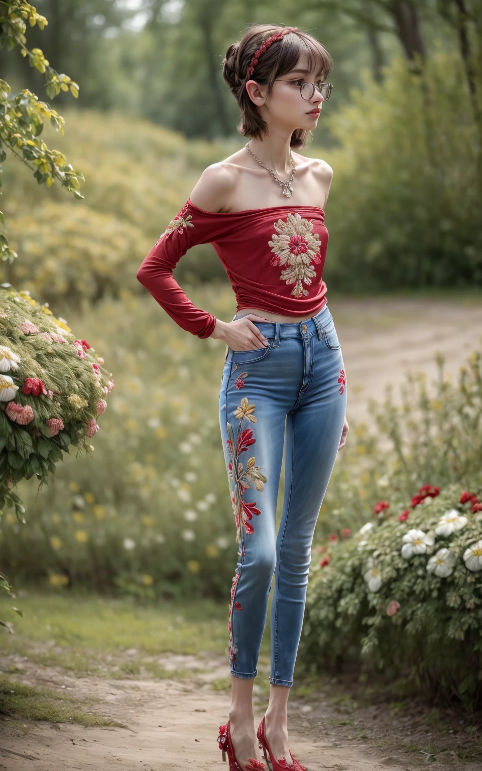 (8K, Masterpiece, RAW photo, Best quality, detail:1.3), (ultra realistic Natural background, scenary:1.5), Depth of field, Cinematic light, (ultra realistic face), (1 picture of 1 solo girl Airim Jones:1.6), 1girl, (Beautiful and elegant Russian girl), (skinny girl with glasses), (European face:1.3), (perfect complete full body:1.6), (full body shot including shoes:1.6), (perfect [frontal view|side profile|back profile]:1.5), (small necklace, collarbone:1.1), ( [bangs|pigtails|bob|pixie] hair:1.5), (ultra detailed skin:1.4), (sexy red minitop:1.5), (soft fabric miniTop:1.5), (Floral Embroidered Jeans:1.6), (perfect standing pose:1.5), (perfect long legs:1.4)