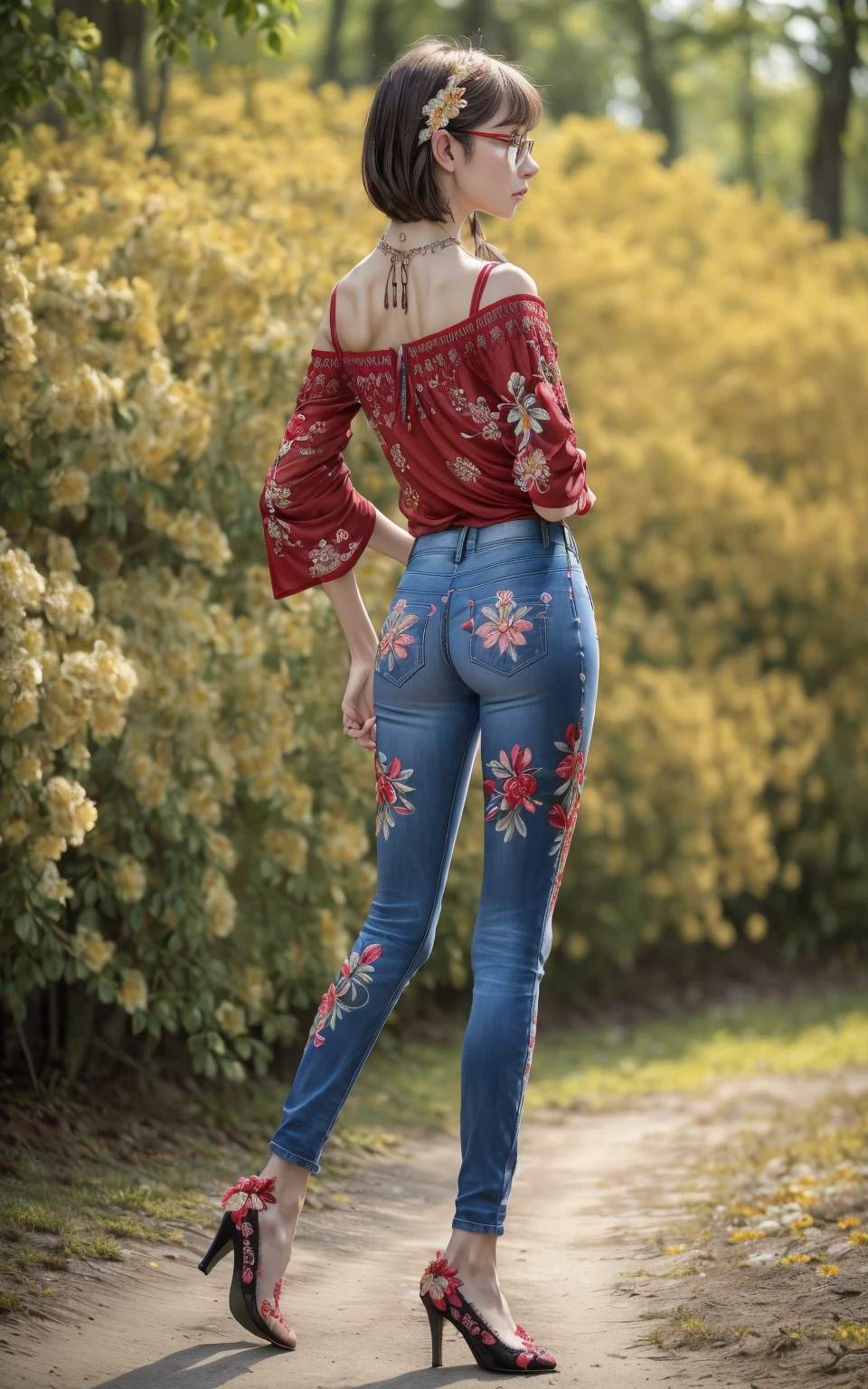 (8K, Masterpiece, RAW photo, Best quality, detail:1.3), (ultra realistic Natural background, scenary:1.5), Depth of field, Cinematic light, (ultra realistic face), (1 picture of 1 solo girl Airim Jones:1.6), 1girl, (Beautiful and elegant Russian girl), (skinny girl with glasses), (European face:1.3), (perfect complete full body:1.6), (full body shot including shoes:1.6), (perfect [frontal view|side profile|back profile]:1.5), (small necklace, collarbone:1.1), ( [bangs|pigtails|bob|pixie] hair:1.5), (ultra detailed skin:1.4), (sexy red minitop:1.5), (soft fabric miniTop:1.5), (Floral Embroidered Jeans:1.6), (perfect standing pose:1.5), (perfect long legs:1.4)