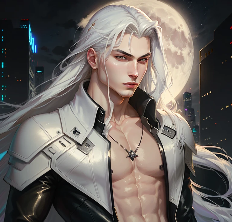 masterpiece, highest quality, (solo focus), (perfect face:1.1), (high detail:1.1),dramatic, 1guy, (pale skin), long white hair, white eyes, light eyebrows, (solo), long hair, moon, night, white luxury suit, covered navel, pouty lips, curvy guy, perfectly drawn face, covered, futuristic city, detailed background, art by artgerm and greg rutkowski, cinematic lighting, roses, fashion, balenciaga, Sephiroth