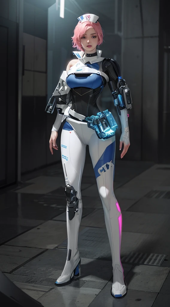 ((Best Quality)), ((Masterpiece)), (Very Detailed: 1.3), 3D, Shitu-mecha, Beautiful cyberpunk asian woman wearing a futuristic white nurse costume, short pink hair, brave face sci-fi technology, HDR (High Dynamic Range), ray tracing, nvidia RTX, super resolution, unreal 5, subsurface scattering, PBR texture, post-processing, anisotropic filtering, depth of field, maximum sharpness and sharpness, multi-layered texture, Albedo and specular mapping, surface shading, accurate simulation of light-material interactions, perfect ratios, octane rendering, duotone lighting, low ISO, white balance, rule of thirds, wide aperture, 8K RAW, high efficiency sub-pixels, subpixel convolution, luminous particles, light scattering, Tyndall effect