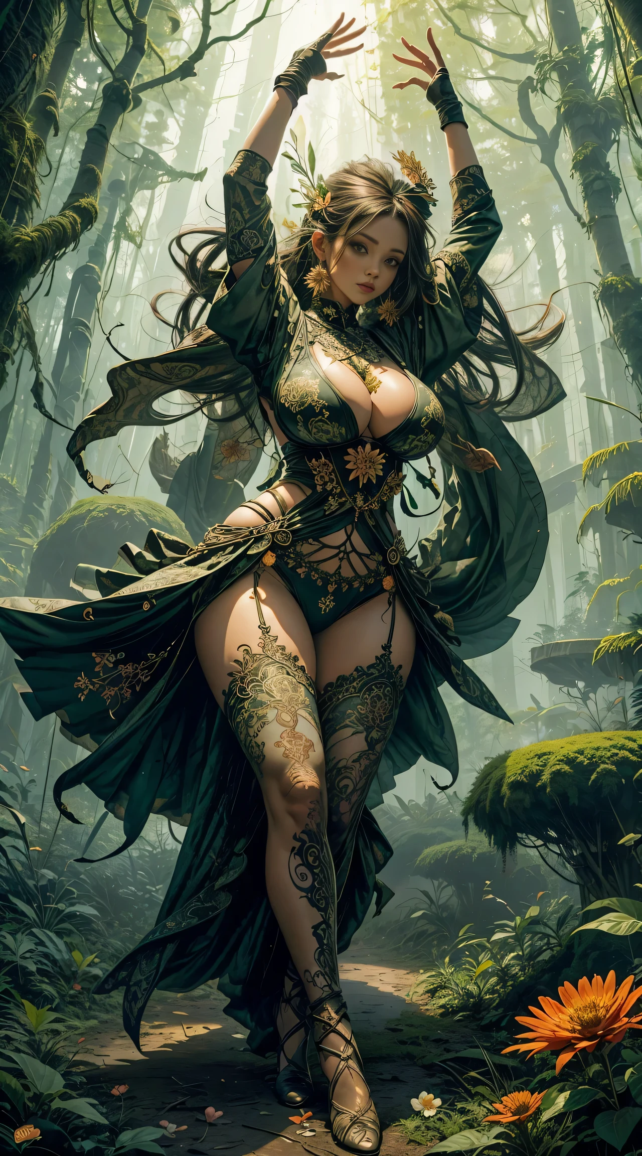 1 with forest sexy clothes, flowers, leaves, mandalas, fractal, woman, huge breasts, wide hips, tall, sexy legs, voluptous, legs slightly apart, arms up, gloves, ballet position