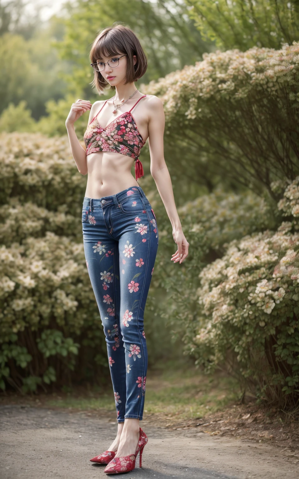 (8K, Masterpiece, RAW photo, Best quality, detail:1.3), (ultra realistic Natural background, scenary:1.5), Depth of field, Cinematic light, (ultra realistic face), (1 picture of 1 solo girl Airim Jones:1.6), 1girl, (Beautiful and elegant Russian girl), (skinny girl with glasses), (European face:1.3), (perfect complete full body:1.6), (full body shot including shoes:1.6), (perfect [frontal view|side profile|back profile]:1.5), (small necklace, collarbone:1.1), ( [bangs|pigtails|bob|pixie] hair:1.5), (ultra detailed skin:1.4), (sexy red minitop:1.5), (soft fabric miniTop:1.5), (Floral Print Jeans:1.6), (perfect standing pose:1.5), (perfect long legs:1.4)