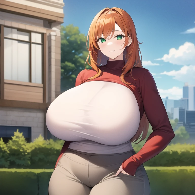 masterpiece, best quality, 1girl, solo, mature female, straight hair, orange hair, green eyes, gigantic breasts, narrow waist, wide hips, curvy, brown shirt, long sleeves, grey pants, sweats, outdoors, hands in pockets, smile, looking at viewer