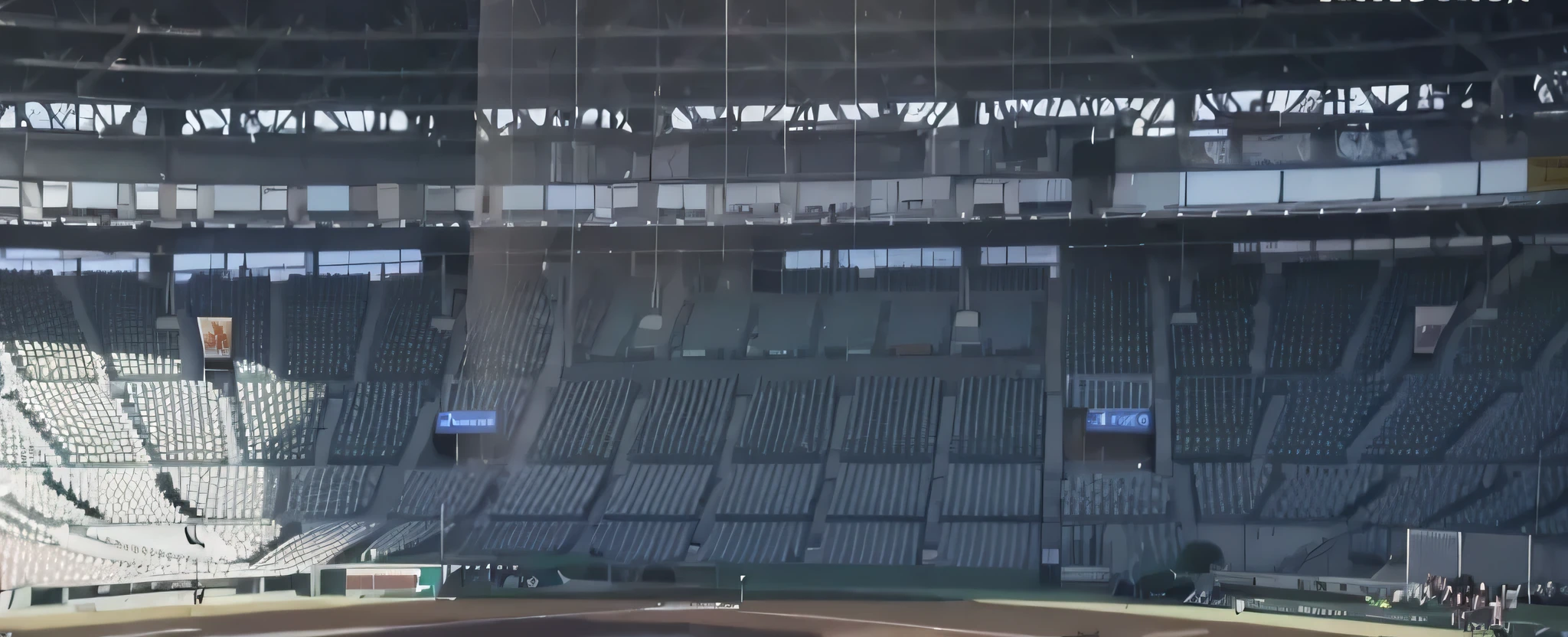 A dilapidated baseball field where baseball players swing their bats々Nice view, 3 / 4wide Shots, completely empty, Center Frame Medium Shot, Ground-level camera view, Large screen, Baseball Stadium, 「wide Shots, Huge video screen, screengrab, Huge view screen in front, stadium setting, full-shot, full-shot, ground-level view