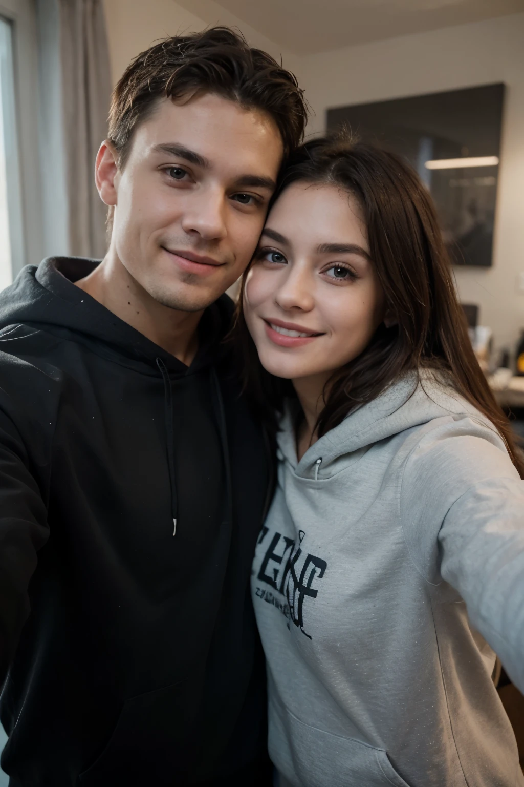 ((best quality)), ((masterpiece)), (detailed), perfect face girl use black hoddie with boy, smile selffie, couple