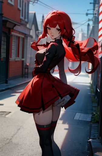 Anime girl, long red related with ribbon hair, (Standing in the medival city), Yoshizawa from persona 5, smiling, Masterpiece, cool loking, 8k, 4k, Super high quality, perfect anathomy, perfect body, cute face, anal gape, huge dildo in ass