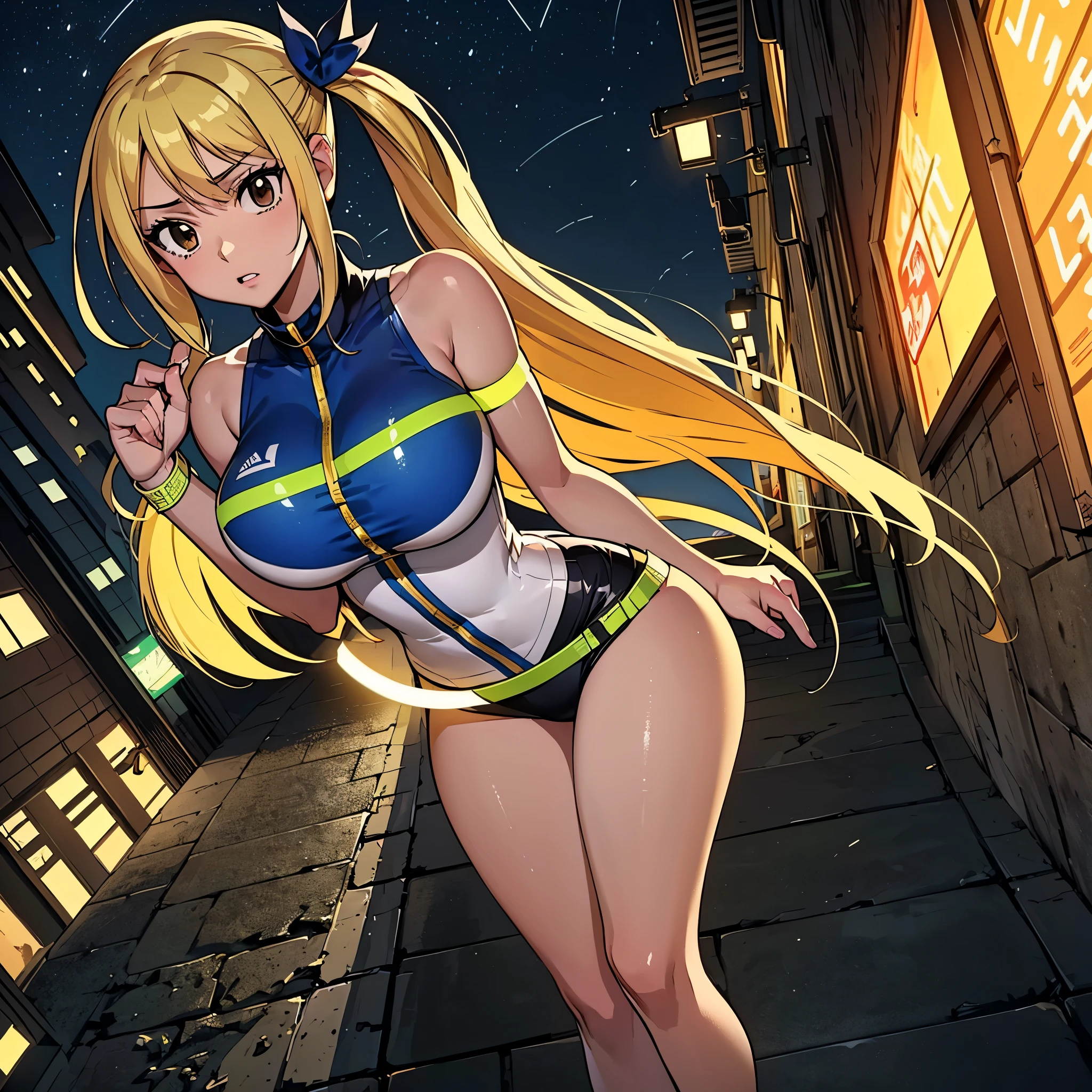 {1 woman},masutepiece++, Best Quality++, Ultra-detailed+, 超A high resolution,(Photorealistic:1.4),lucy heartfilia,Raw photo,(lucy heartfilia)+,(lucy heartfilia)+,鎖骨, blondehair, Long hair, Side Ponytail, very aesthetic, Best Quality, unreasonable reason, Brainwashed,}}}(Opening legs）、Ultra-detailed細な8K、huge-breasted、Perfect female body,}}}} Cyberpunk, Dark Lab, darkened room,(Neon light:1.2), (Night:1.5)（（low angles））