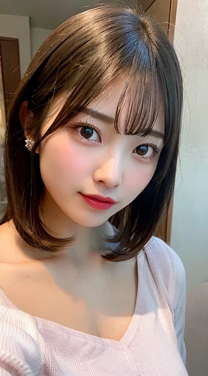 Beautiful woman with gentle and attractive Japan, half-body photo, delicate and sexy collarbone, attractive plump face, double eyelids, smart sagging eyes, pink lips, small upturned nose, small breasts, bare shoulders, concentrated face, face close-up, super high definition, very detailed and elegant appliqué cotton jersey sweatshirt is made from cotton jersey, It is characterized by a loose and languid silhouette.