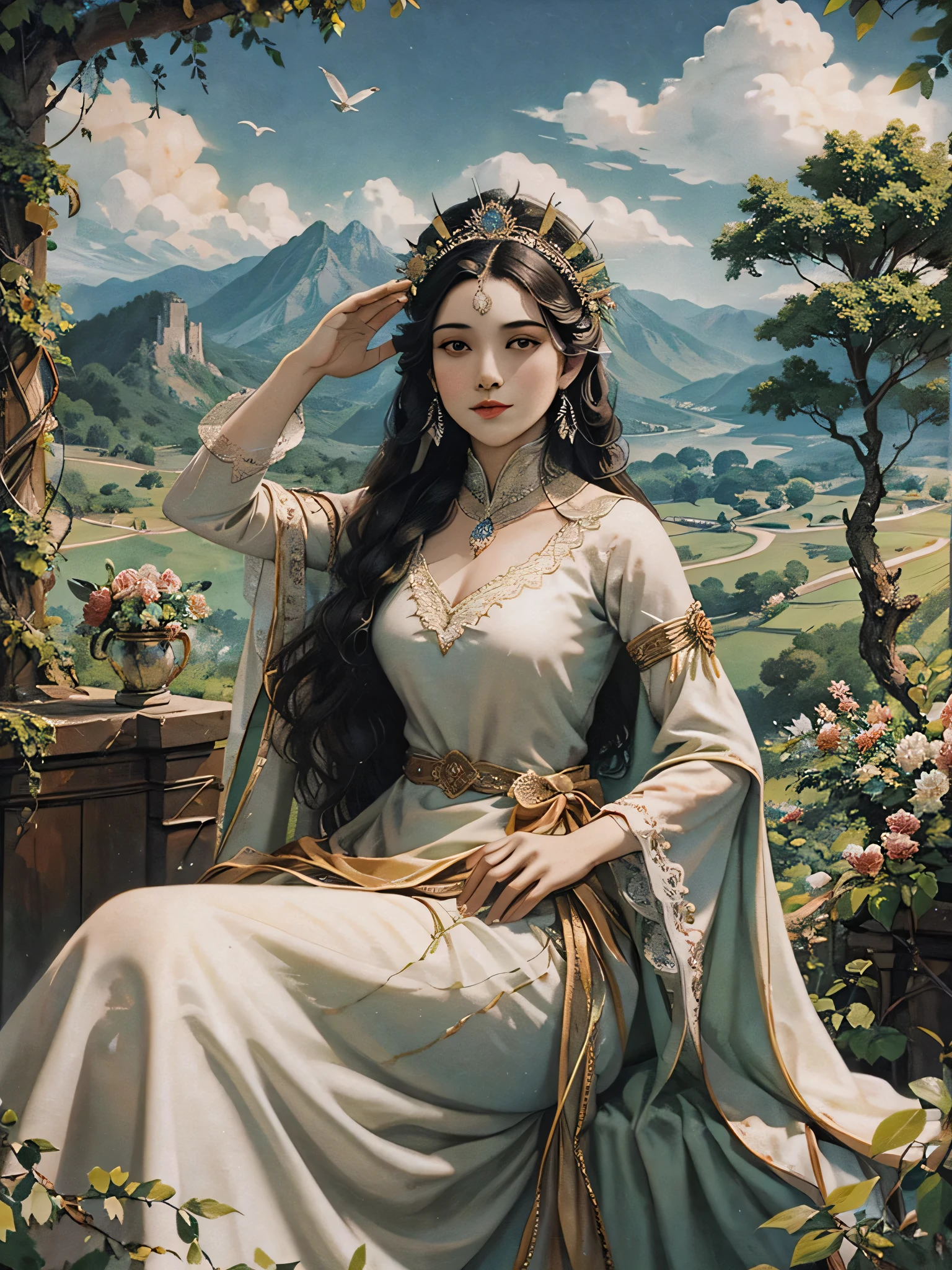 long hair girl bust，beautiful headdress，precious stones，Dignified and beautiful，That bird，Beautiful picture quality，noble，Luxury，rosette，vines around，Remnants of ancient civilizations，The tree，magnificent mountains in the distance，​​clouds，mystical forest，middle ingredient，tmasterpiece，k hd，Best quality，