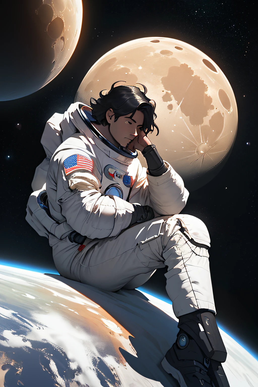 man, sitting, on moon, thinking, background is earth and other planets, space - stars
