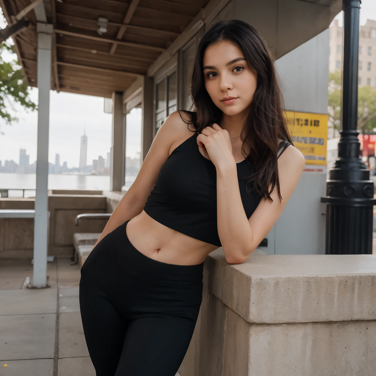 1girl in, age 25, Square face, Long hair, Looking at Viewer, jewelry, Realistic, A sexy, Leggings outfits, multicolored outfits, Old staircase background, sleep pose