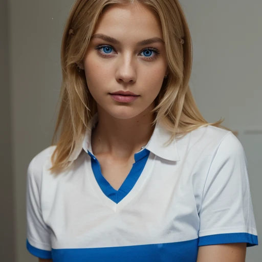 Swedish girl with blonde hair and blue eyes wearing makeup and wearing a collared T-shirt with short sleeves