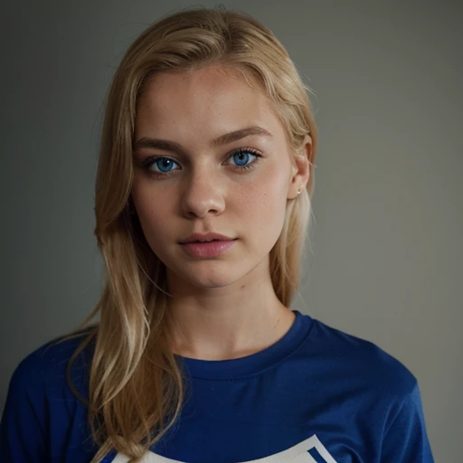 Swedish girl with blonde hair and blue eyes wearing makeup and wearing a collared T-shirt with short sleeves