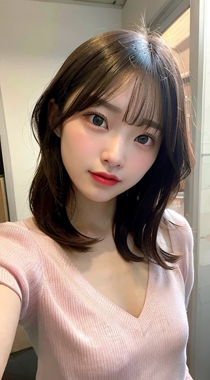 Beautiful woman with calm and attractive Japan、half body photo、Delicate and sexy collarbone、Attractive plump face、二重まぶた、Smart leaning eyes、Pink lips、small upturned nose、tiny chest、bare shoulders、Focused face、facial close-up、Ultra-high definition、Cotton jersey sweatshirt with highly detailed and elegant appliqués、Made from cotton jersey、Features a loose and languid silhouette。selfee。