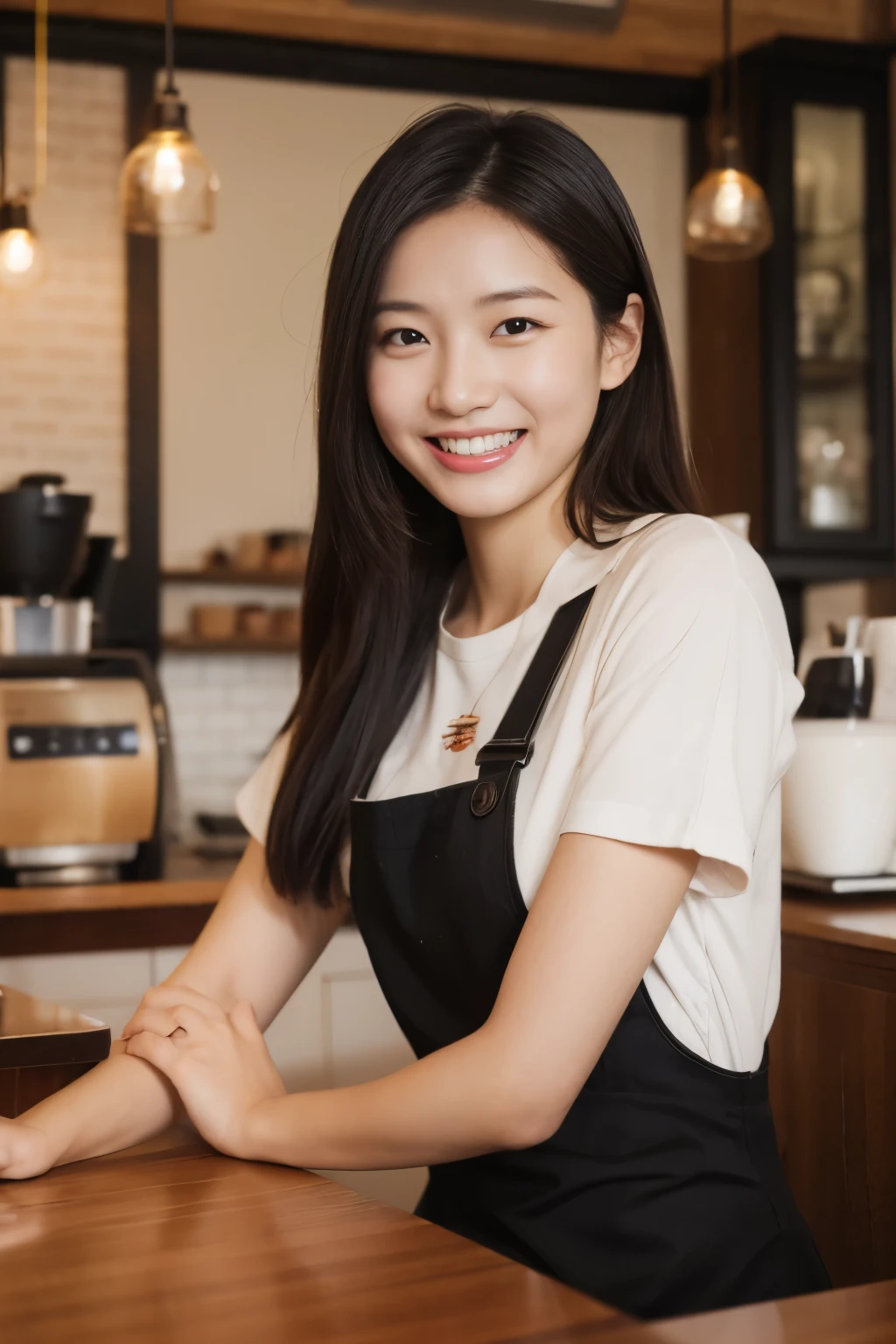 Asian woman looking at camera in coffee shop and smiling