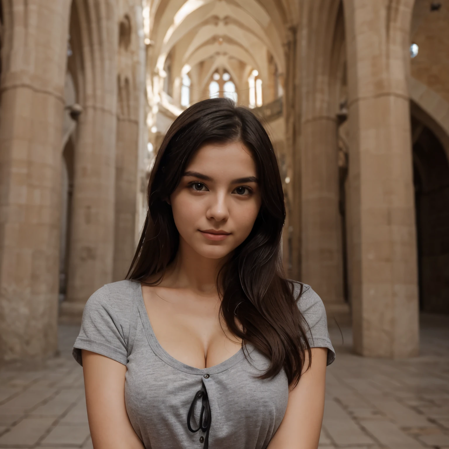 a beautiful 20 year old girl, white shirt, big breasts, no bra, outside, castle, hispanic, cinematic lighting, warm color tones, realistic, detailed face and body, high quality, photorealistic, masterpiece, 8k, (best quality,4k,8k,highres,masterpiece:1.2),ultra-detailed,(realistic,photorealistic,photo-realistic:1.37)