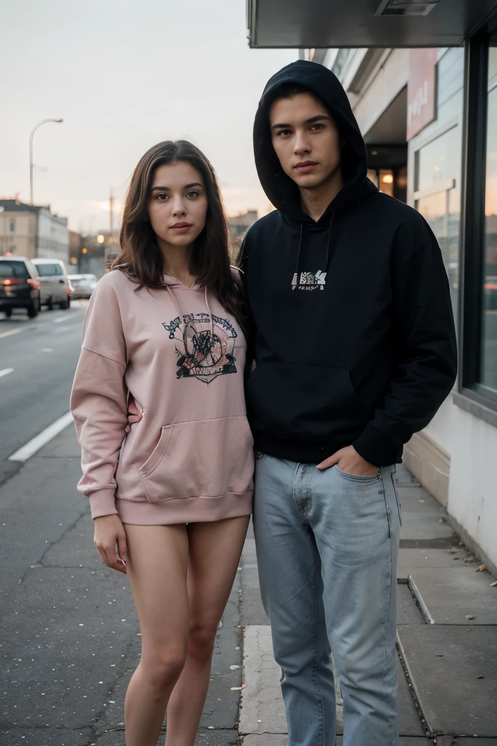 ((best quality)), ((masterpiece)), (detailed), perfect face girl use black hoddie with boy, standing, couple, vacation